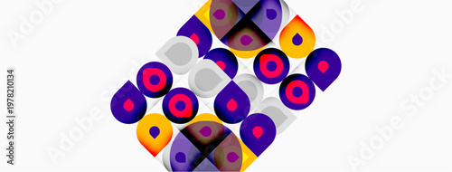 Abstract pattern features repeating circular shapes, vibrant purple, yellow, orange hues. Design appears tilted, modern, geometric.