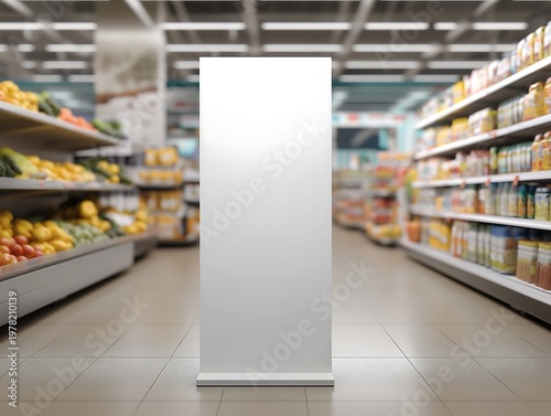 Blank White Shelf Talker Sign Mockup in Grocery Store Aisle