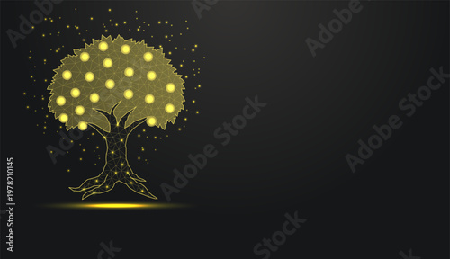 Low poly wireframe golden money tree with coins on dark background.