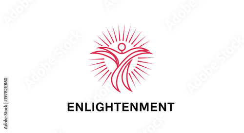 Enlightenment logo, spiritual symbol, red sunburst design, abstract icon