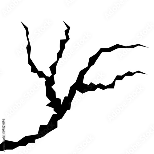 Earthquake Ground Crack Silhouette Vector, Abstract Branching Crack Shape Illustration, Jagged Ground Fissure Black Vector Design, Lightning Style Crack Isolated Vector