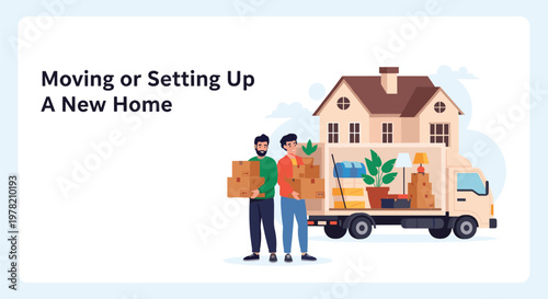 Two men carry large cardboard boxes into their new two-story house from a fully loaded moving truck in the driveway.