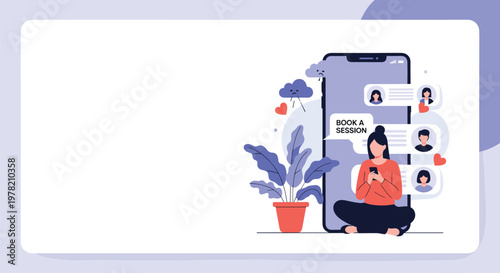 Young woman sitting on the floor while using her smartphone to book a professional online therapy or mental health consultation session.