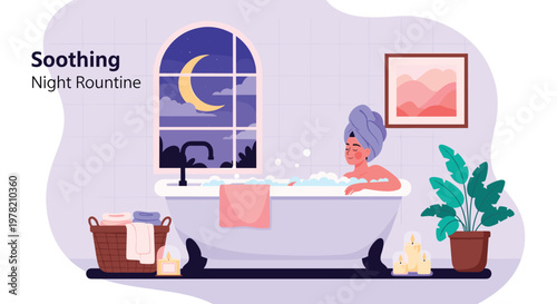 Relaxed woman enjoys a soothing bubble bath at night with aromatic candles and a peaceful view of the moon through a large arched window.