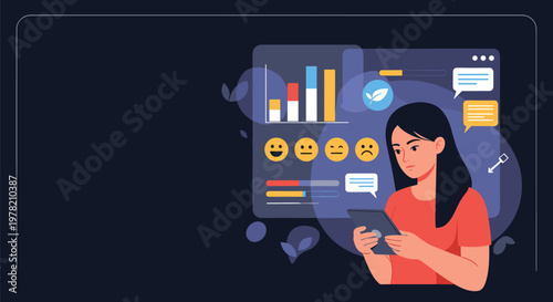 Concerned woman analyzing critical customer feedback and business performance metrics on a digital tablet with various emoji reaction icons.
