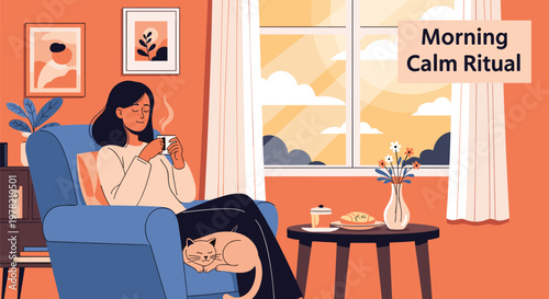 Peaceful woman starting her morning with a calm ritual by drinking hot tea and relaxing in an armchair with her pet cat by her side.
