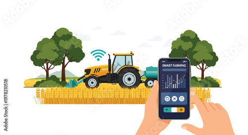 Advanced smart farming technology featuring a tractor in a wheat field being monitored and controlled by a farmer using a smartphone app.