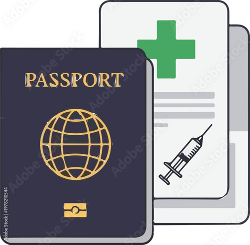 Dark blue travel passport placed next to a medical health document featuring a green cross and syringe icon