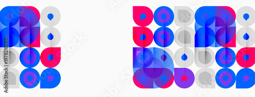 Abstract geometric pattern. Circles overlap creating vibrant color mixes. Pink, blue, gray hues dominate composition. Minimalist design.