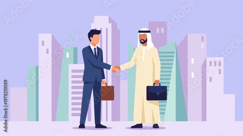 Tableau sur toile Two diverse businessmen shaking hands against a modern city skyline