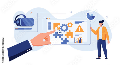 Technical professional using virtual reality and digital tools to solve puzzles, analyze data, and manage complex industrial processes.