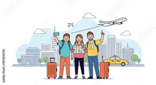 Group of happy tourists with suitcases taking a selfie in a city with a plane flying overhead and a taxi driving in the background.