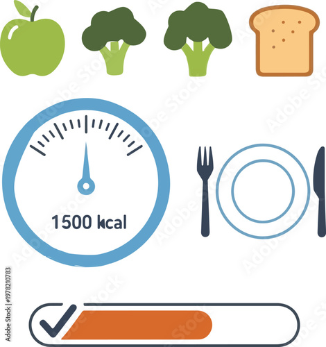 Calorie counting concept shown with healthy food icons and a gauge measuring daily nutritional intake for healthy living