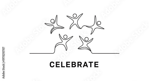 Minimalist celebration icons, joyful people jumping, simple line art, black and white graphics, festive vector set