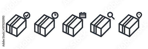 発送済み・発送準備中・入荷予定・追跡・配送先を表す配送箱アイコン5種セットの線画素材
