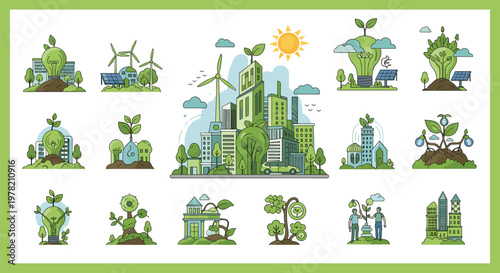 Sustainable green city and renewable energy icons featuring wind turbines, solar panels, and eco-friendly buildings for a better future.