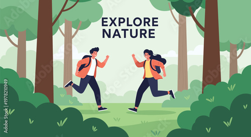 Enthusiastic couple running through a lush green forest to explore nature during an adventurous hiking trip in the beautiful outdoors.