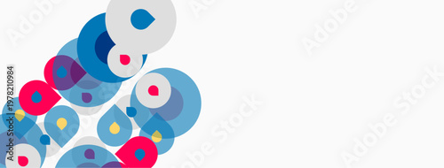 Abstract circles, blue, pink hues dominate composition. Minimalist design, clean aesthetic, modern feel. Shapes overlap, creating dynamic visual impact.