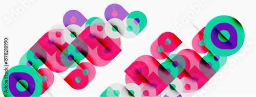 Colorful text overlaps, creating abstract design. Bright hues dominate white background. Modern aesthetic, playful composition.