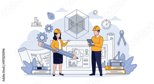 Engineering professionals wearing hard hats working on a construction blueprint with 3D modeling tools and various industrial icons.