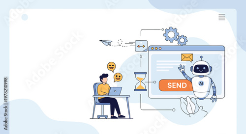 Individual using artificial intelligence to automate email workflows while a helpful robot manages time and digital communication tasks.
