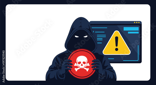 Cyber security threat concept featuring a hooded hacker holding a skull warning sign next to a compromised digital interface screen.