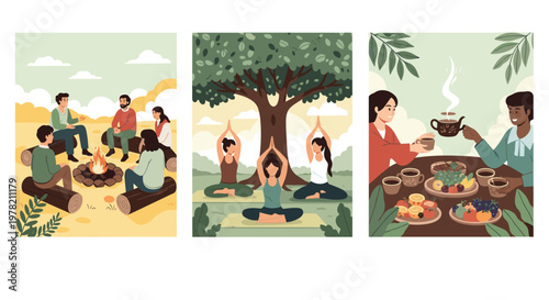 Group of people participating in community wellness activities like sitting around a campfire and doing yoga in a peaceful park.
