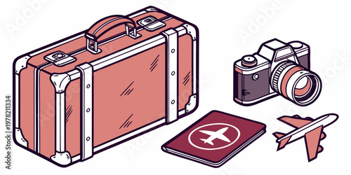 Coral colored suitcase passport with airplane symbol vintage camera collection of travel items for vacation and exploration air travel flat design suitcase passport airplane