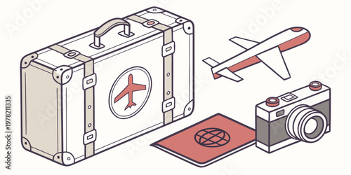 Vintage travel illustration with suitcase airplane passport camera air travel old fashioned trip preparation trip essentials suitcase airplane passport vacation transport