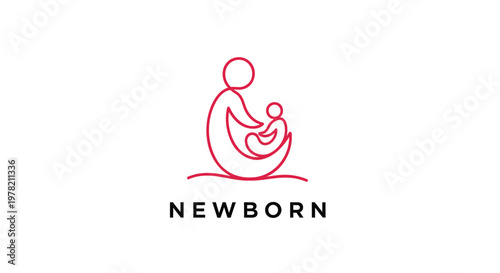 Newborn baby icon, mother and child logo, red line art, minimalist design elements