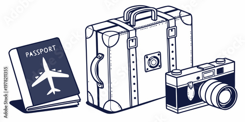 Hand-drawn travel icons: passport suitcase camera with line art trip preparation passport suitcase illustration vacation document photography adventure wanderlust internationa