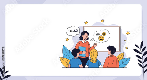 Experienced female teacher standing by a whiteboard and explaining lessons to a group of young students in a friendly classroom environment.