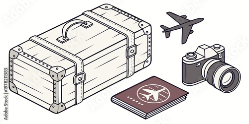 Travel icons set with a retro suitcase airplane passport camera air travel old fashioned trip preparation trip essentials suitcase airplane passport vacation transport