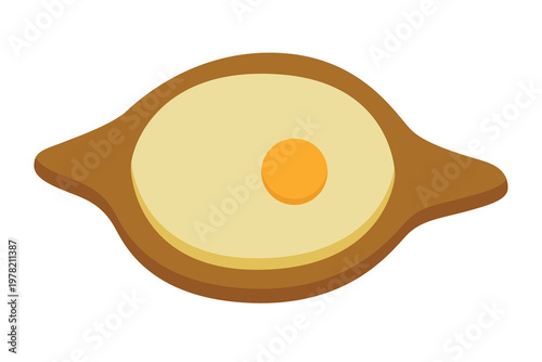 Flat vector illustration of Adjarian khachapuri, traditional Georgian cheese bread filled with melted cheese and egg. Minimal modern food design, top view composition, isolated element. 