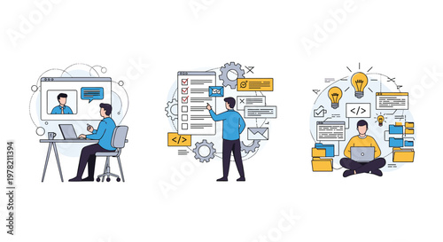 Professional workflow illustrations showing remote work, task organization, and software development processes in a modern digital office.
