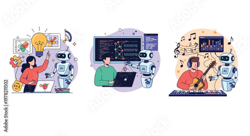 Human and robot collaboration in creative brainstorming, software coding, and musical production with advanced artificial intelligence.