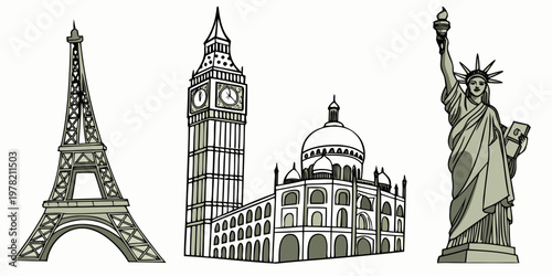 Monochromatic collection of world famous landmarks: eiffel tower big ben taj mahal statue of liberty with travel destination cultural heritage line art famous places travel inspirat