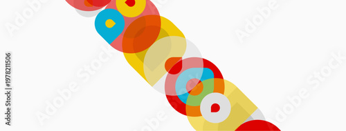 Abstract colorful circles overlap diagonally across white background. Bright hues create dynamic visual pattern. Simple geometric shapes dominate composition.