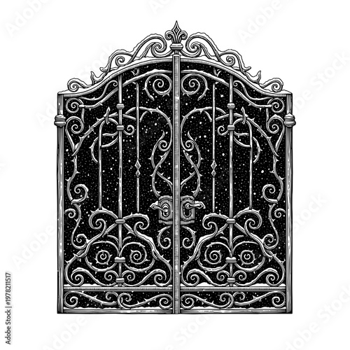 Ornate Wrought Iron Gate with Gothic Scrollwork and Thorny Details Engraving Style