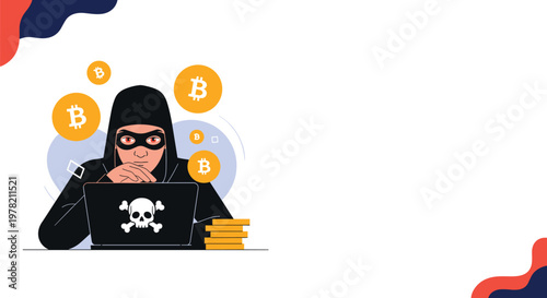 Cybersecurity threat concept featuring a masked hacker at a laptop attempting to steal cryptocurrency represented by bitcoin and coin stacks.