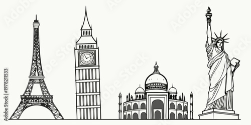Travel icons montage: eiffel tower big ben taj mahal statue of liberty line art with travel destination cultural heritage famous places travel inspiration landmark architecture