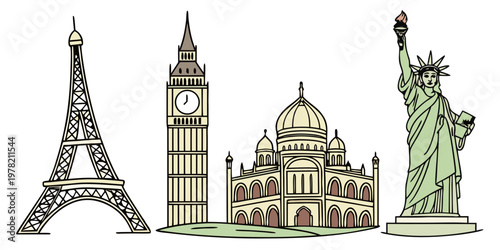 Charming colored illustration of travel icons: eiffel tower big ben taj mahal statue of liberty with travel destination cultural heritage line art famous places travel inspiration