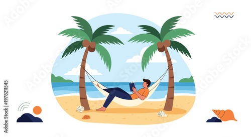 Relaxed young man lying in a comfortable hammock and reading a book on a beautiful tropical beach surrounded by palm trees and sea shells.