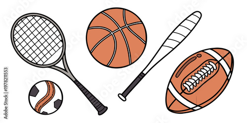 Collection of sports equipment including a tennis racket basketball baseball football baseball bat with equipment basketball baseball football activity competition individual