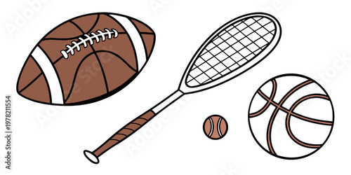 Sports gear illustration featuring a football tennis racket basketball a small tennis ball equipment football basketball activity competition individual athletic outdoors