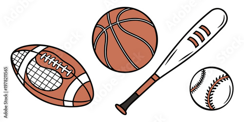 Assortment of sports items: football basketball baseball bat baseball with equipment football basketball baseball activity competition individual athletic outdoors illustration