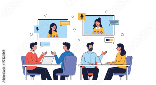 Busy coworking space environment with professionals working together at tables while others participate in remote video conferences on screens.