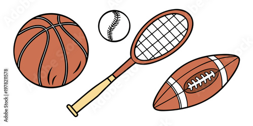 Variety of sports equipment including a basketball baseball tennis racket american football with equipment basketball baseball football activity competition individual athletic