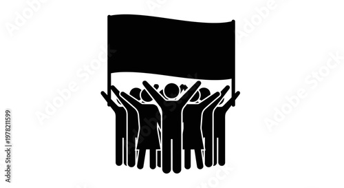 People holding flag, protest icons, activism symbols, black silhouette graphics