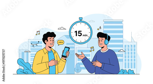Friends or colleagues having a quick conversation with a fifteen minute timer icon suggesting a short break or efficient meeting in the city.